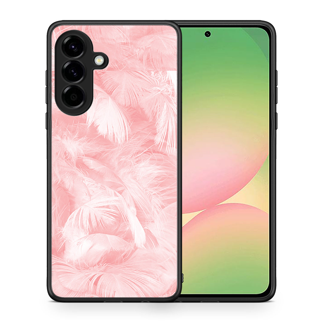 Θήκη Samsung Galaxy A56 Pink Feather Boho από τη Smartfits με σχέδιο στο πίσω μέρος και μαύρο περίβλημα | Samsung Galaxy A56 Pink Feather Boho case with colorful back and black bezels