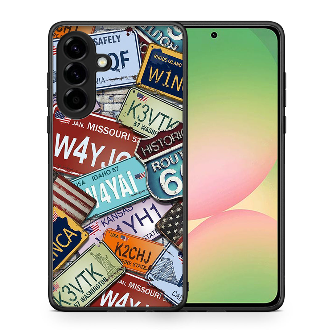 Θήκη Samsung Galaxy A56 Car Plates από τη Smartfits με σχέδιο στο πίσω μέρος και μαύρο περίβλημα | Samsung Galaxy A56 Car Plates case with colorful back and black bezels