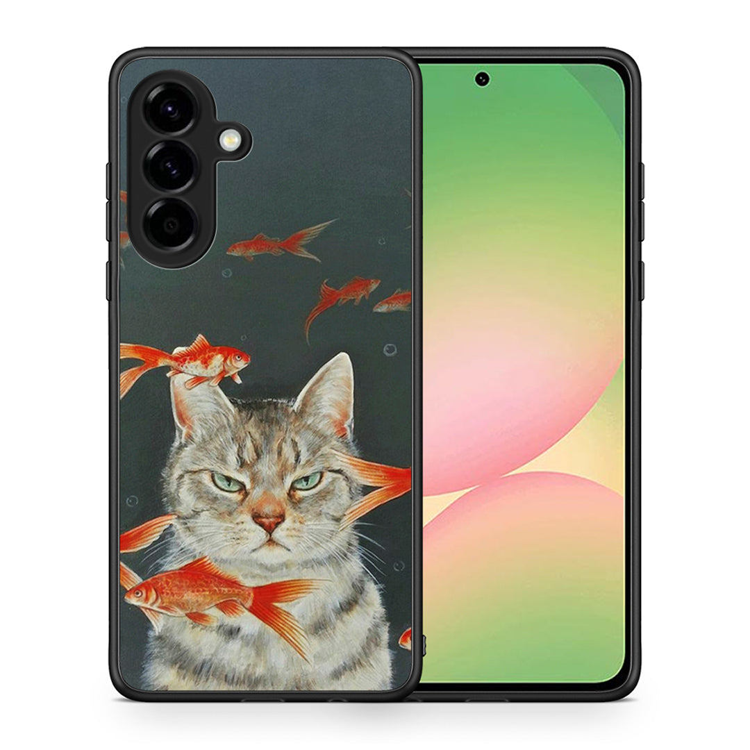 Θήκη Samsung Galaxy A56 Cat Goldfish από τη Smartfits με σχέδιο στο πίσω μέρος και μαύρο περίβλημα | Samsung Galaxy A56 Cat Goldfish case with colorful back and black bezels