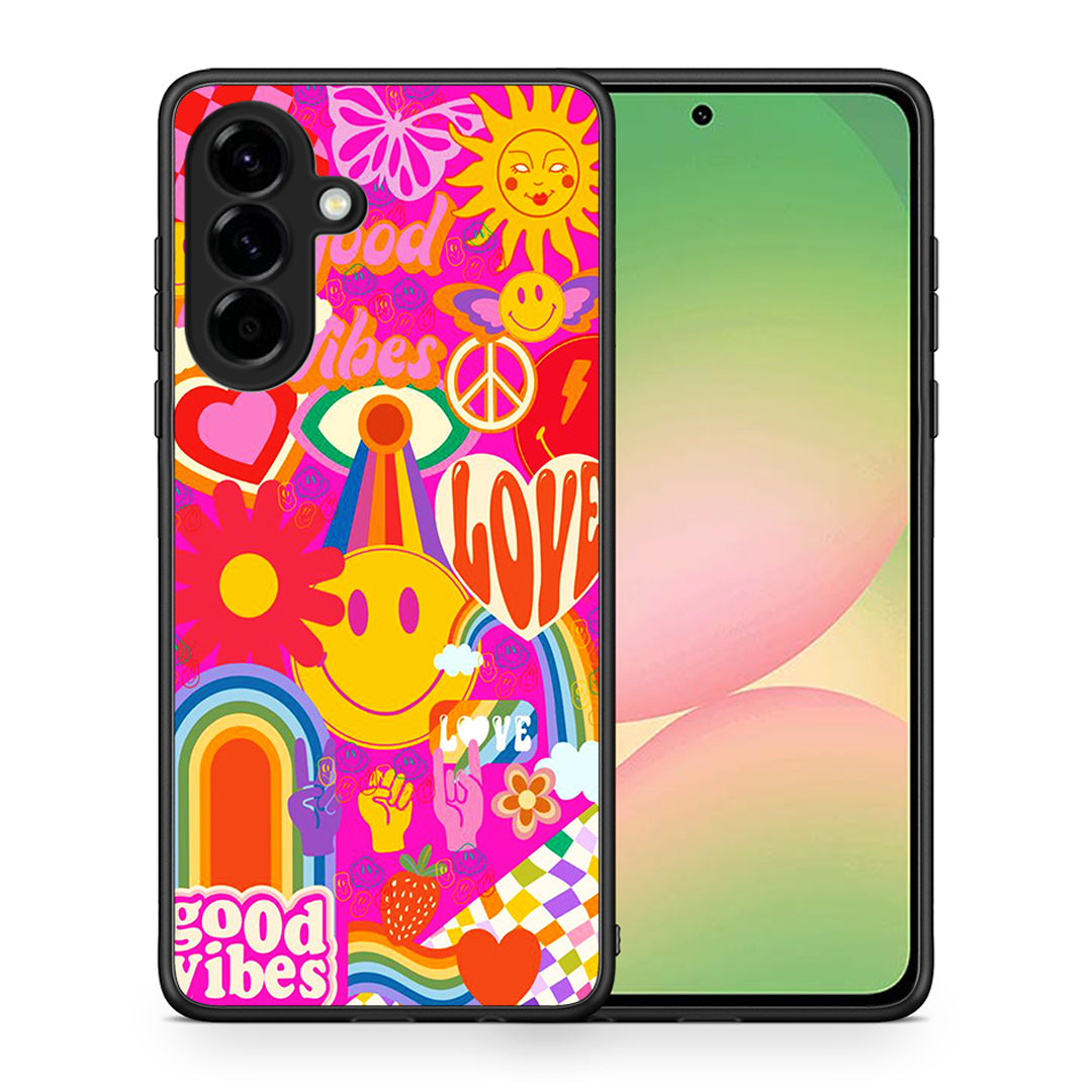 Θήκη Samsung Galaxy A56 Hippie Love από τη Smartfits με σχέδιο στο πίσω μέρος και μαύρο περίβλημα | Samsung Galaxy A56 Hippie Love case with colorful back and black bezels