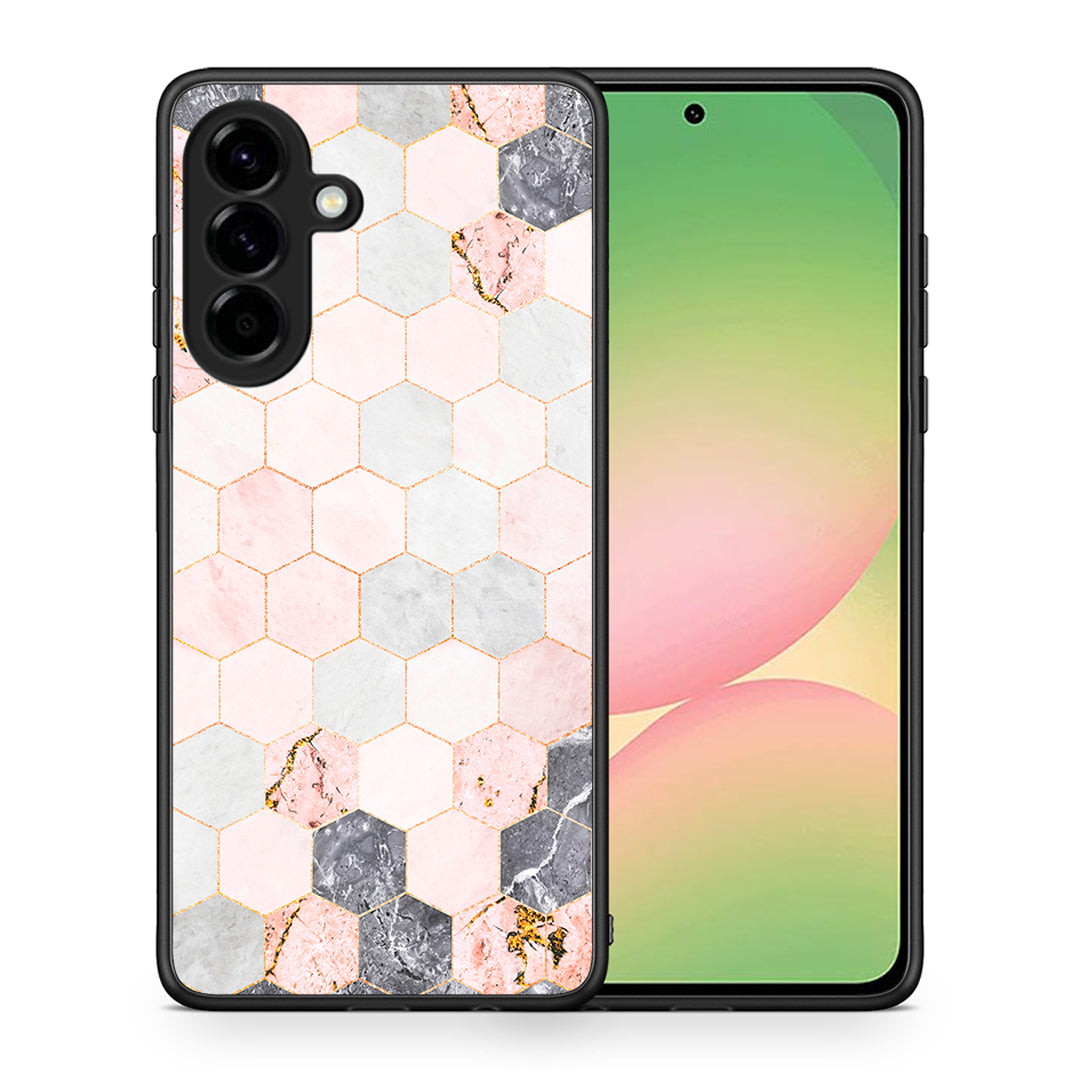 Θήκη Samsung Galaxy A56 Hexagon Pink Marble από τη Smartfits με σχέδιο στο πίσω μέρος και μαύρο περίβλημα | Samsung Galaxy A56 Hexagon Pink Marble case with colorful back and black bezels