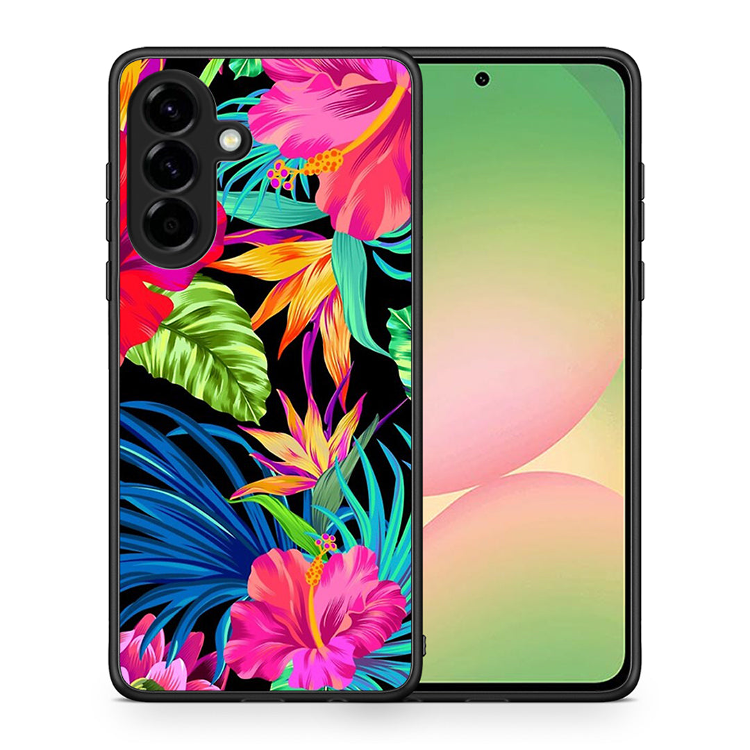 Θήκη Samsung Galaxy A56 Tropical Flowers από τη Smartfits με σχέδιο στο πίσω μέρος και μαύρο περίβλημα | Samsung Galaxy A56 Tropical Flowers case with colorful back and black bezels