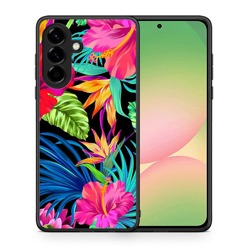 Θήκη Samsung Galaxy A56 Tropical Flowers από τη Smartfits με σχέδιο στο πίσω μέρος και μαύρο περίβλημα | Samsung Galaxy A56 Tropical Flowers case with colorful back and black bezels