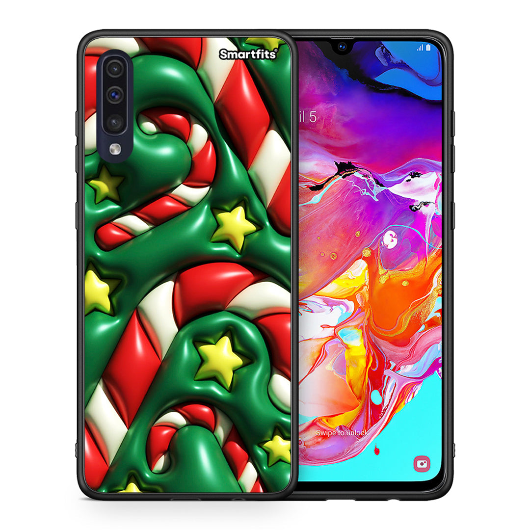 Θήκη Samsung A70 Christmas Bubbles από τη Smartfits με σχέδιο στο πίσω μέρος και μαύρο περίβλημα | Samsung A70 Christmas Bubbles case with colorful back and black bezels