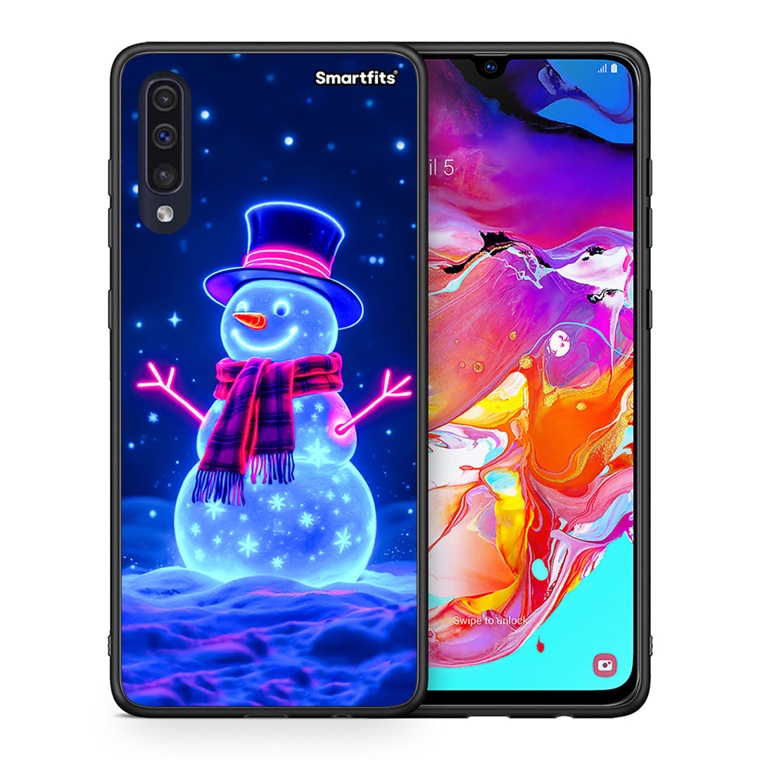 Θήκη Samsung A70 Christmas Neon Snowman από τη Smartfits με σχέδιο στο πίσω μέρος και μαύρο περίβλημα | Samsung A70 Christmas Neon Snowman case with colorful back and black bezels