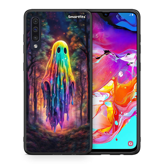 Θήκη Samsung A70 Halloween Ghost από τη Smartfits με σχέδιο στο πίσω μέρος και μαύρο περίβλημα | Samsung A70 Halloween Ghost case with colorful back and black bezels