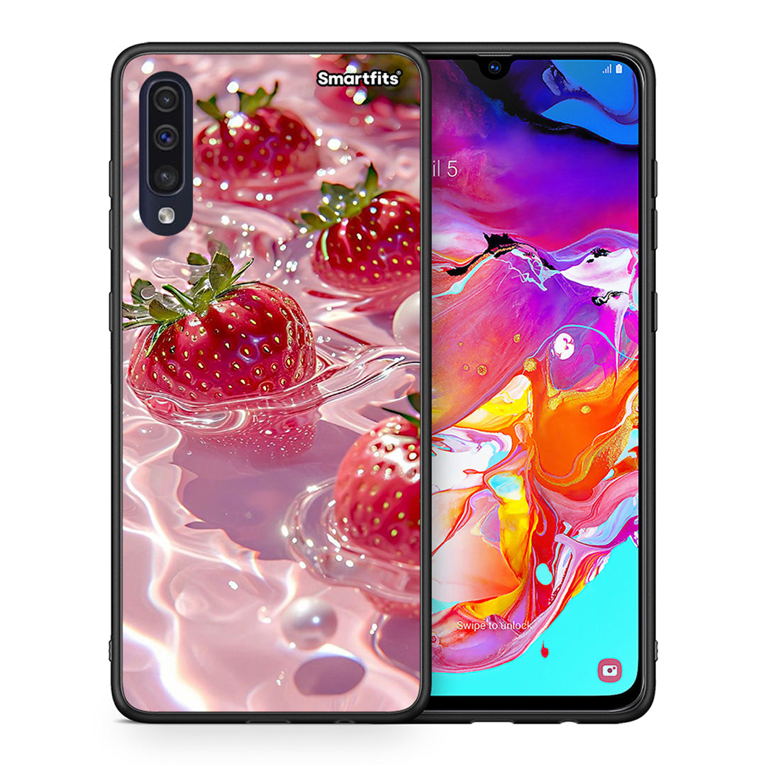 Θήκη Samsung A70 Juicy Strawberries από τη Smartfits με σχέδιο στο πίσω μέρος και μαύρο περίβλημα | Samsung A70 Juicy Strawberries case with colorful back and black bezels