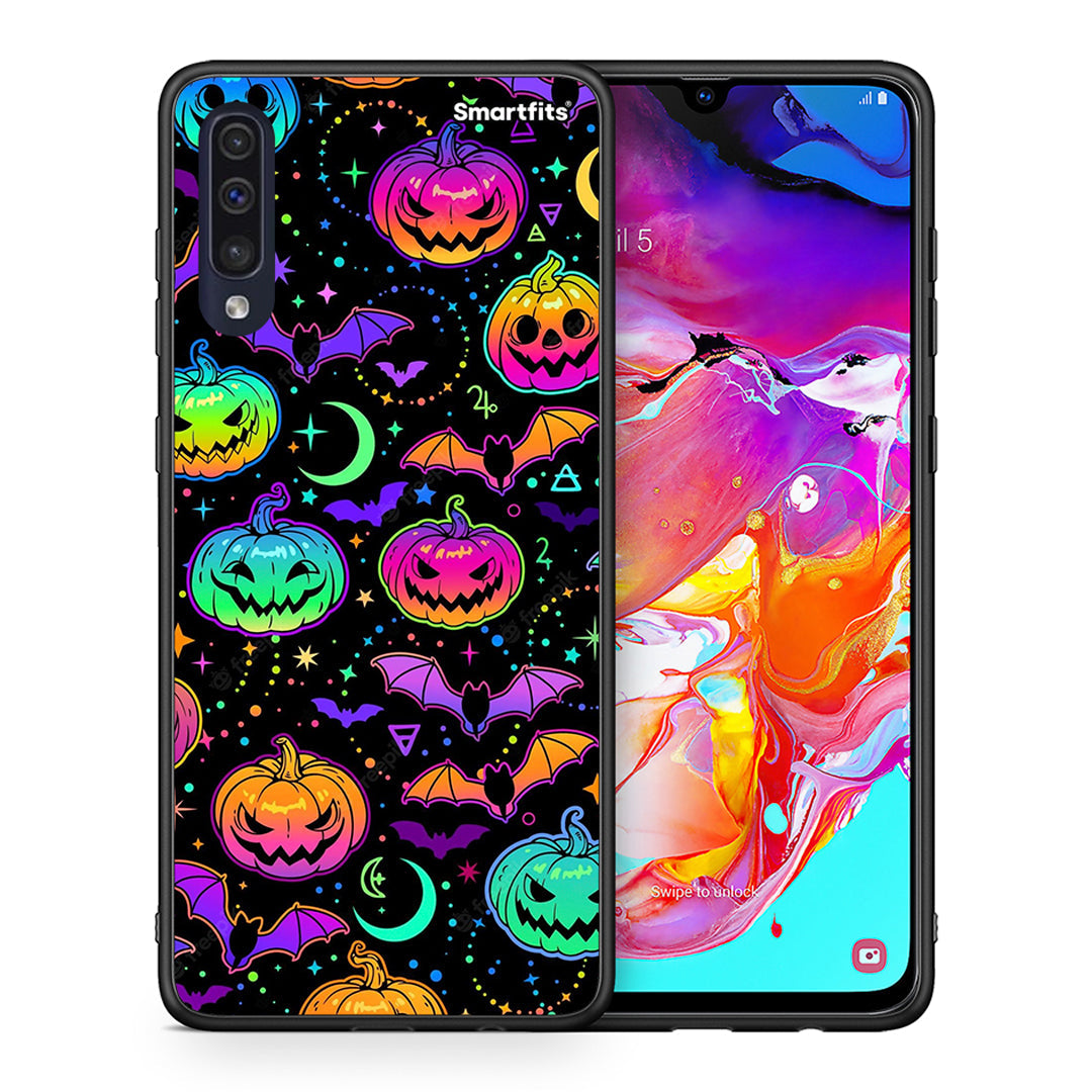 Θήκη Samsung A70 Neon Halloween από τη Smartfits με σχέδιο στο πίσω μέρος και μαύρο περίβλημα | Samsung A70 Neon Halloween case with colorful back and black bezels
