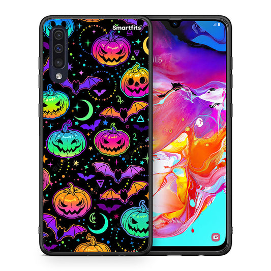 Θήκη Samsung A70 Neon Halloween από τη Smartfits με σχέδιο στο πίσω μέρος και μαύρο περίβλημα | Samsung A70 Neon Halloween case with colorful back and black bezels