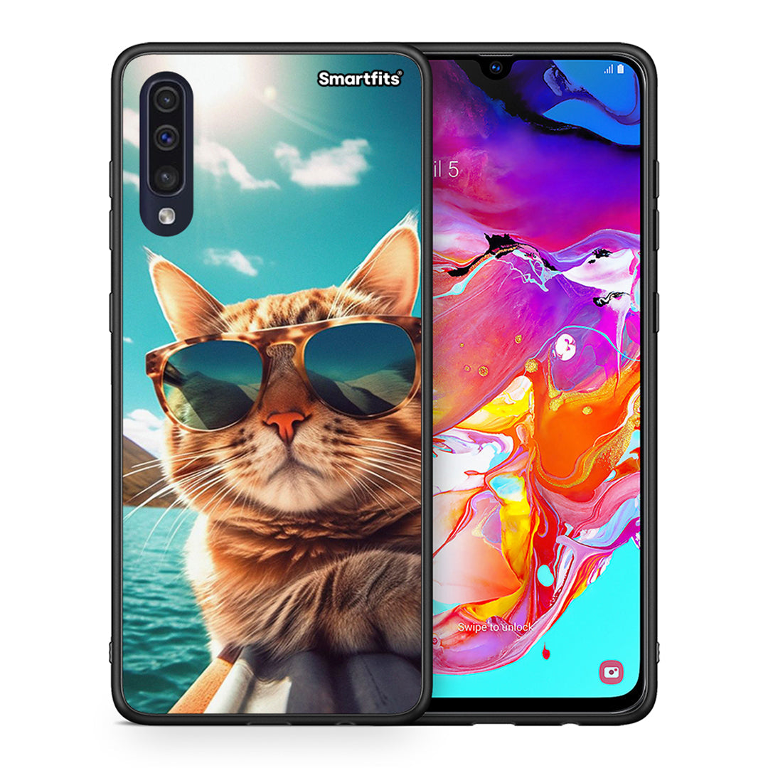 Θήκη Samsung A70 Summer Cat από τη Smartfits με σχέδιο στο πίσω μέρος και μαύρο περίβλημα | Samsung A70 Summer Cat case with colorful back and black bezels