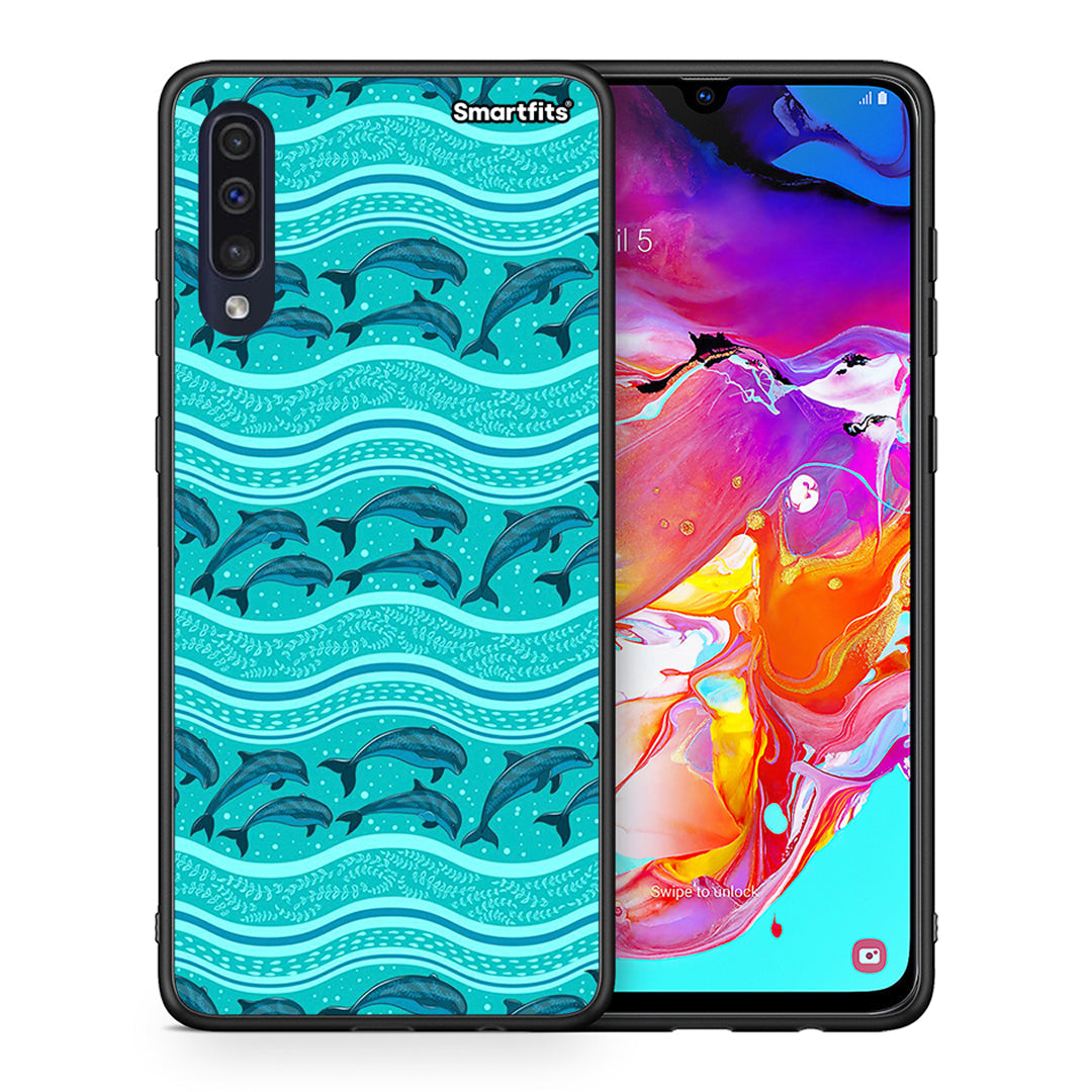 Θήκη Samsung A70 Swimming Dolphins από τη Smartfits με σχέδιο στο πίσω μέρος και μαύρο περίβλημα | Samsung A70 Swimming Dolphins case with colorful back and black bezels