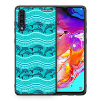 Thumbnail for Θήκη Samsung A70 Swimming Dolphins από τη Smartfits με σχέδιο στο πίσω μέρος και μαύρο περίβλημα | Samsung A70 Swimming Dolphins case with colorful back and black bezels