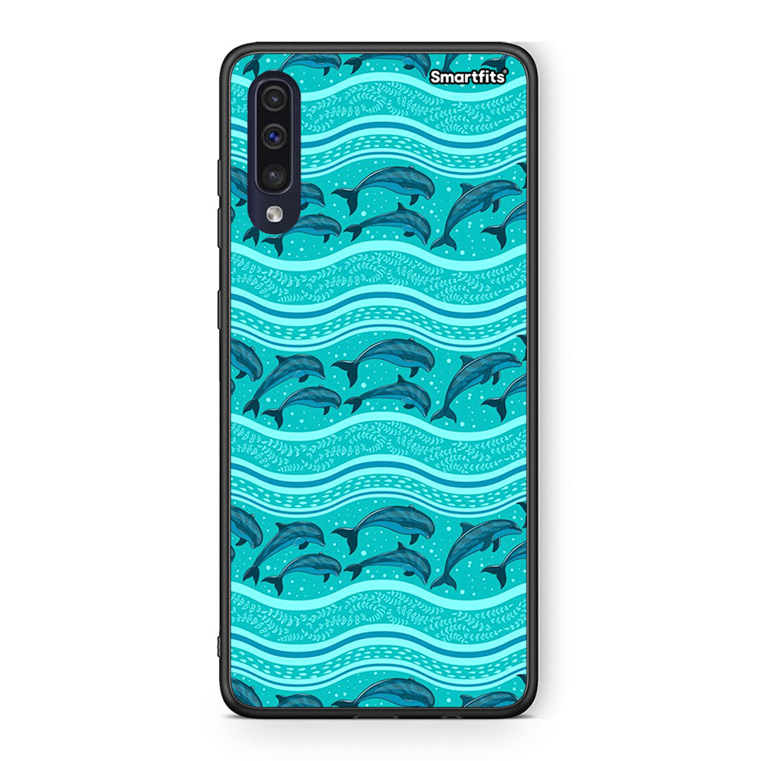 Samsung A70 Swimming Dolphins θήκη από τη Smartfits με σχέδιο στο πίσω μέρος και μαύρο περίβλημα | Smartphone case with colorful back and black bezels by Smartfits