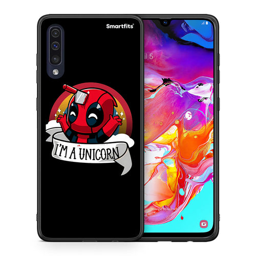 Θήκη Samsung A70 Unicorn Deadpool από τη Smartfits με σχέδιο στο πίσω μέρος και μαύρο περίβλημα | Samsung A70 Unicorn Deadpool case with colorful back and black bezels