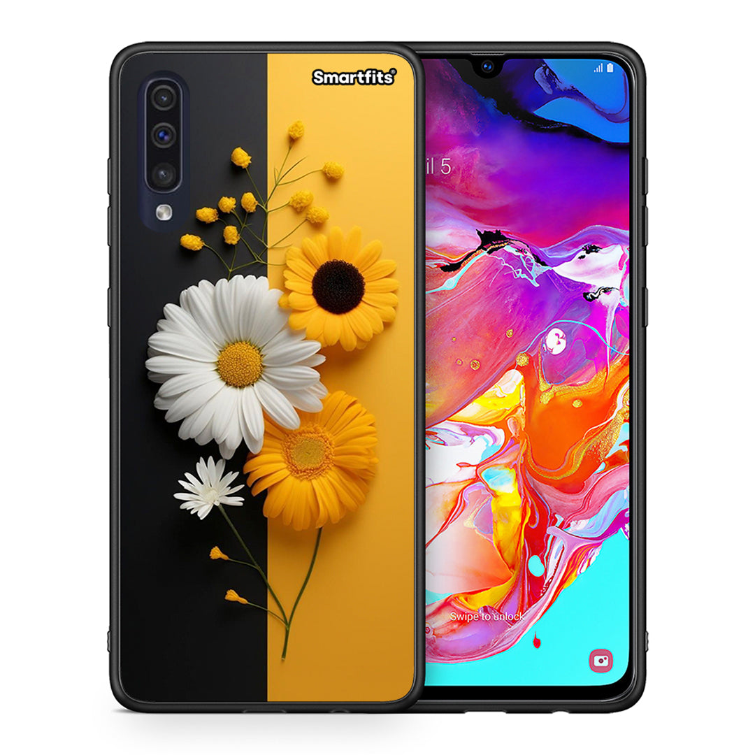Θήκη Samsung A70 Yellow Daisies από τη Smartfits με σχέδιο στο πίσω μέρος και μαύρο περίβλημα | Samsung A70 Yellow Daisies case with colorful back and black bezels