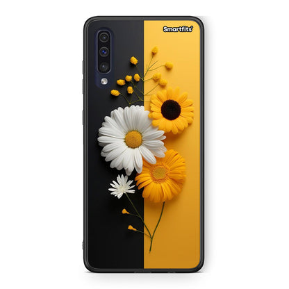 Samsung A70 Yellow Daisies θήκη από τη Smartfits με σχέδιο στο πίσω μέρος και μαύρο περίβλημα | Smartphone case with colorful back and black bezels by Smartfits