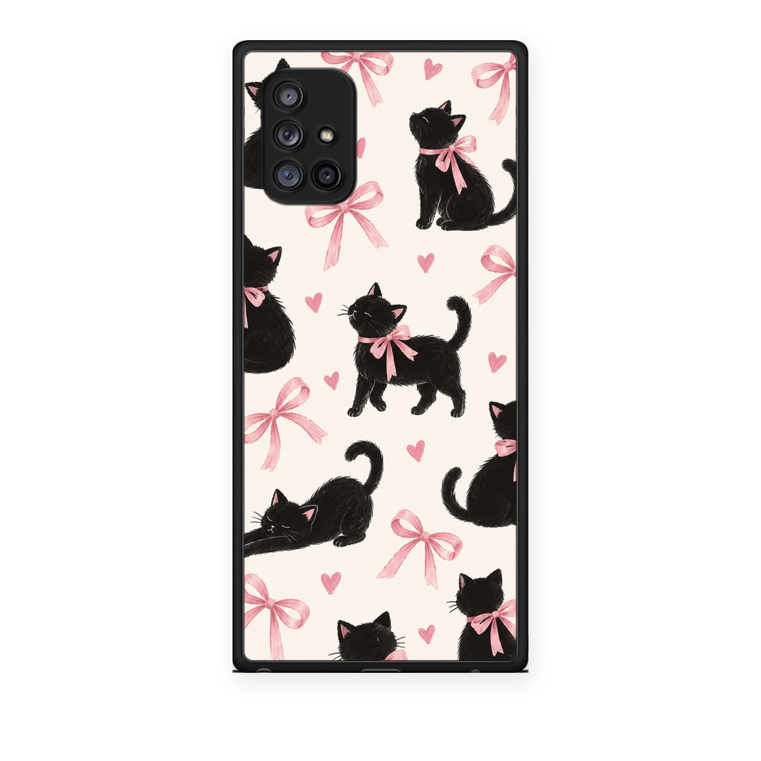 Θήκη Samsung Galaxy A71 5G Black Kittens and Pink Bows on Cream Large από τη Smartfits με σχέδιο στο πίσω μέρος και μαύρο περίβλημα | Samsung Galaxy A71 5G Black Kittens and Pink Bows on Cream Large case with colorful back and black bezels