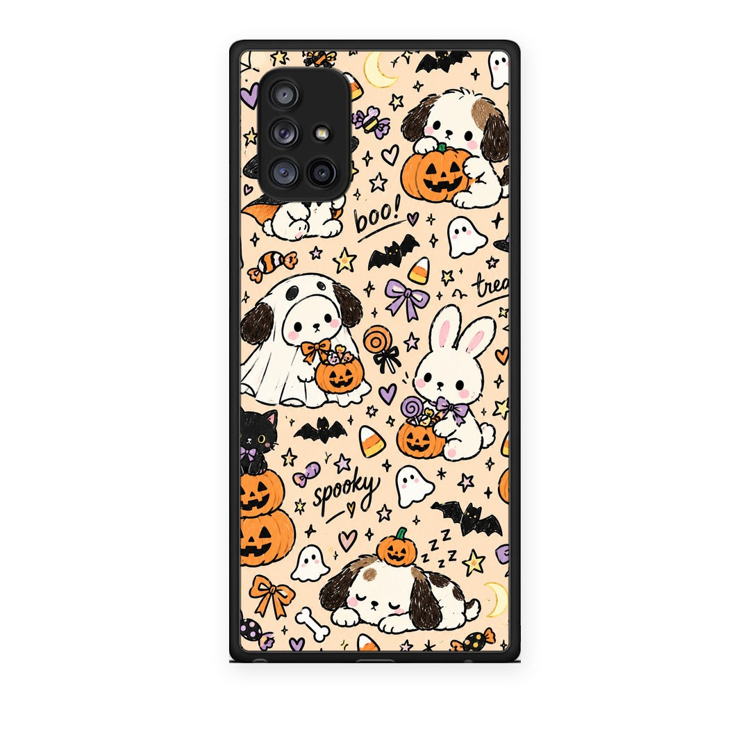 Θήκη Samsung Galaxy A71 5G Halloween Puppies and Friends on Cream από τη Smartfits με σχέδιο στο πίσω μέρος και μαύρο περίβλημα | Samsung Galaxy A71 5G Halloween Puppies and Friends on Cream case with colorful back and black bezels