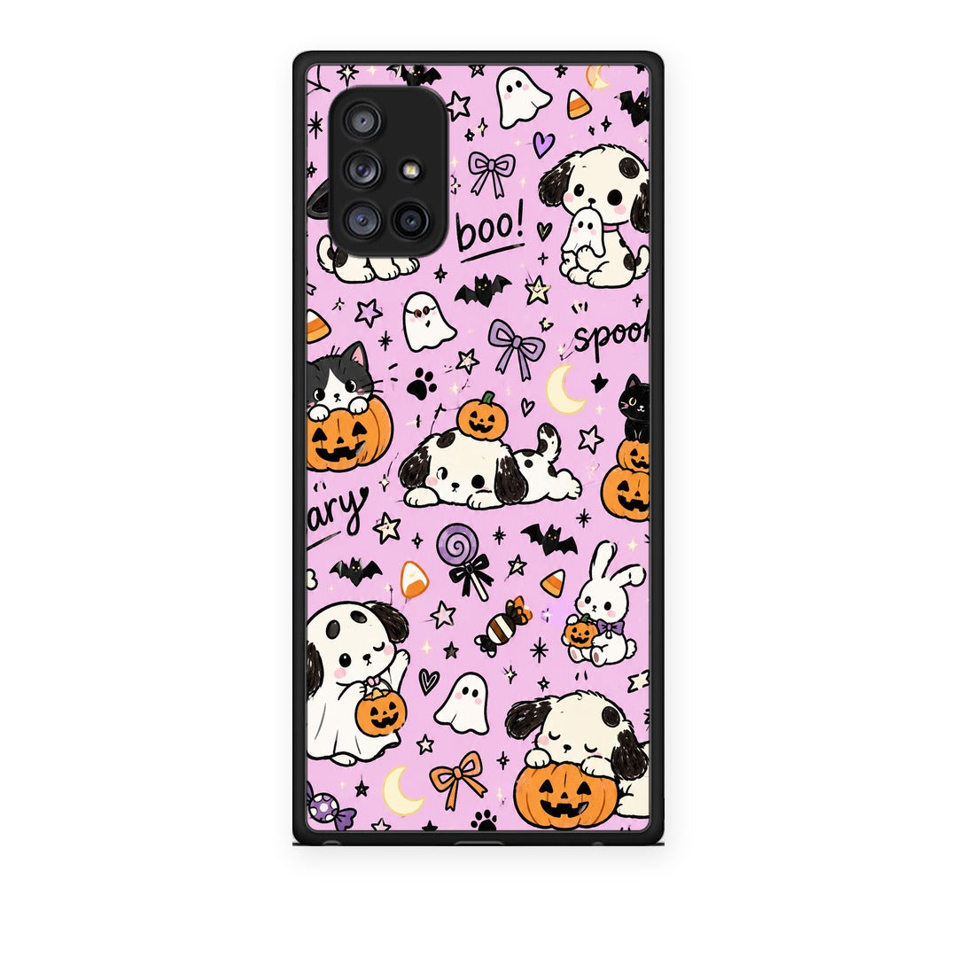 Θήκη Samsung Galaxy A71 5G Halloween Puppies and Friends on Lilac από τη Smartfits με σχέδιο στο πίσω μέρος και μαύρο περίβλημα | Samsung Galaxy A71 5G Halloween Puppies and Friends on Lilac case with colorful back and black bezels