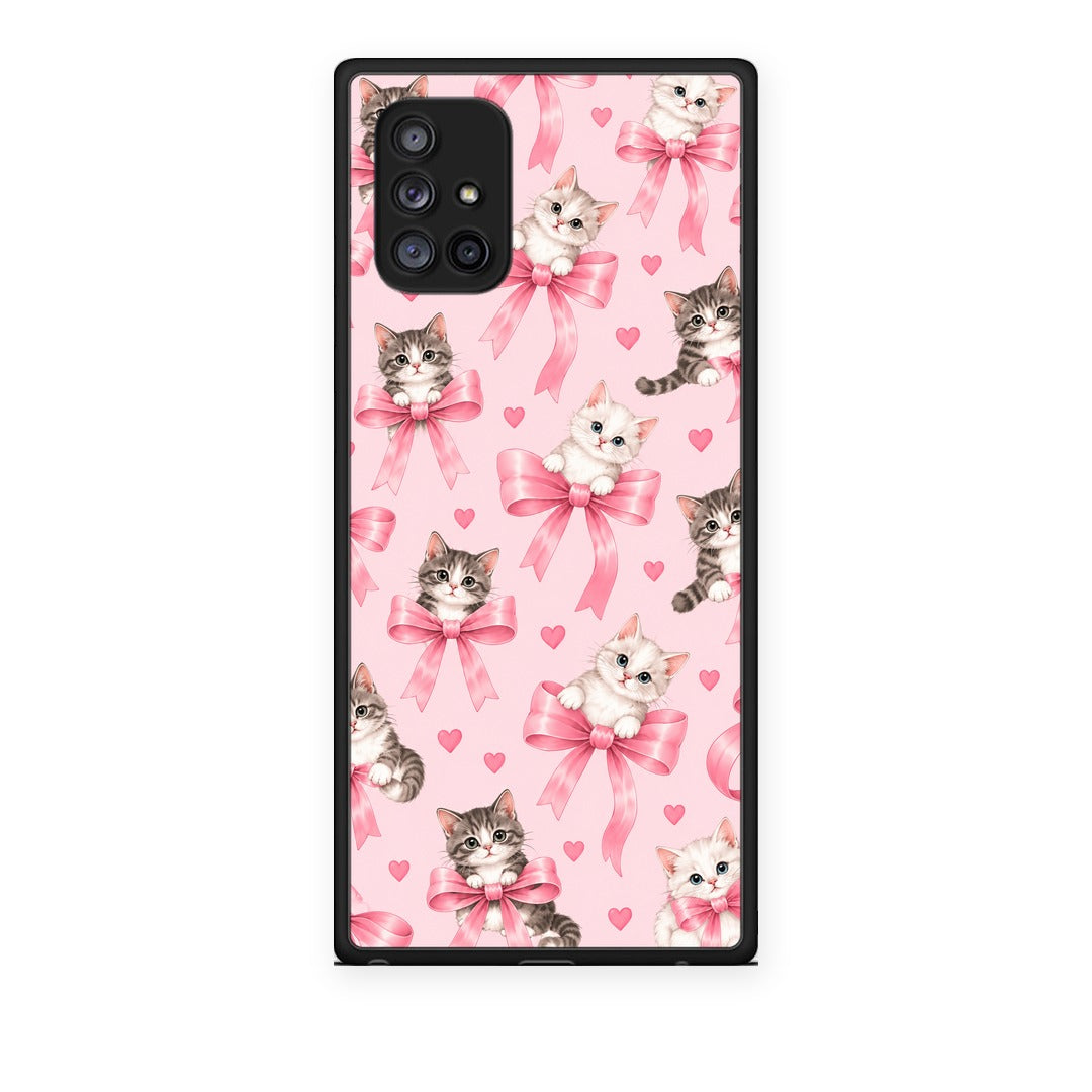 Θήκη Samsung Galaxy A71 5G Kittens and Pink Bows on Pink από τη Smartfits με σχέδιο στο πίσω μέρος και μαύρο περίβλημα | Samsung Galaxy A71 5G Kittens and Pink Bows on Pink case with colorful back and black bezels