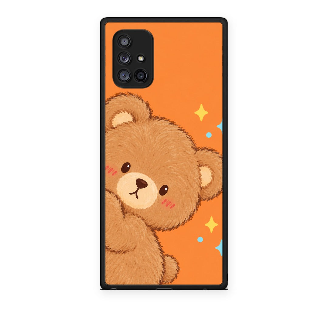 Θήκη Samsung Galaxy A71 5G Peekaboo Teddy on Orange από τη Smartfits με σχέδιο στο πίσω μέρος και μαύρο περίβλημα | Samsung Galaxy A71 5G Peekaboo Teddy on Orange case with colorful back and black bezels