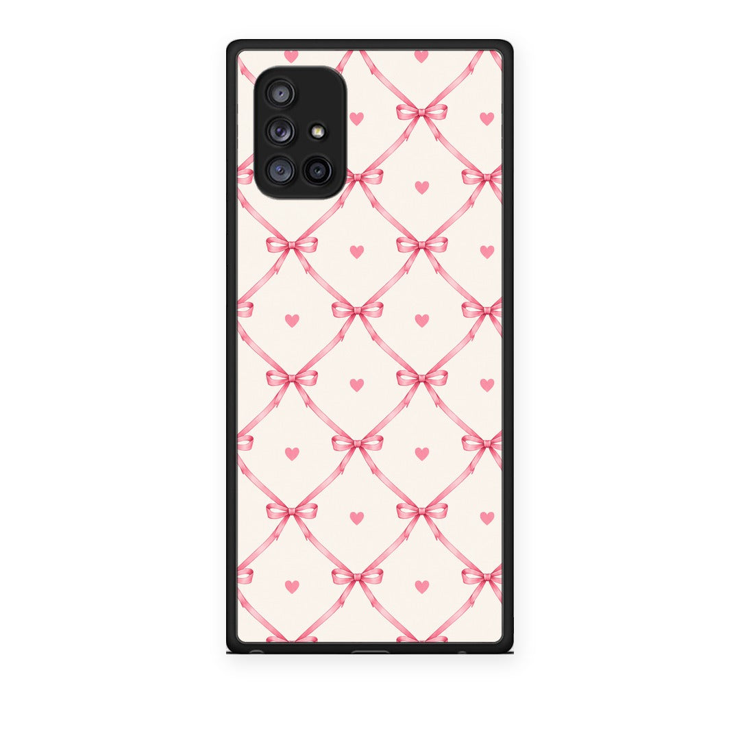 Θήκη Samsung Galaxy A71 5G Pink Bow Lattice and Hearts on Cream από τη Smartfits με σχέδιο στο πίσω μέρος και μαύρο περίβλημα | Samsung Galaxy A71 5G Pink Bow Lattice and Hearts on Cream case with colorful back and black bezels