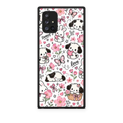 Θήκη Samsung Galaxy A71 5G Pink Florals Puppies and Bunnies on White από τη Smartfits με σχέδιο στο πίσω μέρος και μαύρο περίβλημα | Samsung Galaxy A71 5G Pink Florals Puppies and Bunnies on White case with colorful back and black bezels