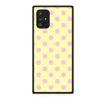 Θήκη Samsung Galaxy A71 5G Pink Polka Dots on Yellow από τη Smartfits με σχέδιο στο πίσω μέρος και μαύρο περίβλημα | Samsung Galaxy A71 5G Pink Polka Dots on Yellow case with colorful back and black bezels