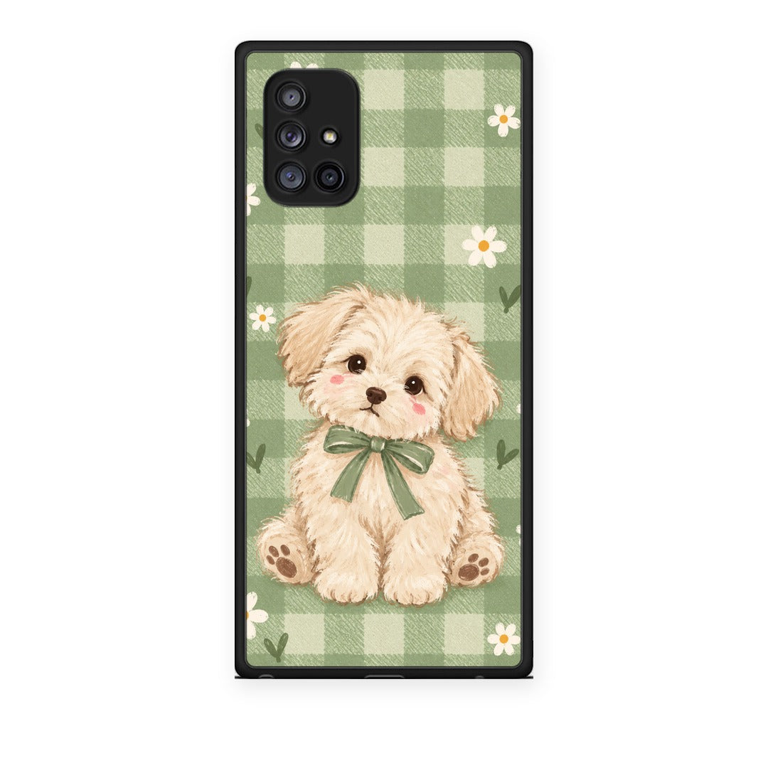 Θήκη Samsung Galaxy A71 5G Puppy and Daisies on Sage Gingham από τη Smartfits με σχέδιο στο πίσω μέρος και μαύρο περίβλημα | Samsung Galaxy A71 5G Puppy and Daisies on Sage Gingham case with colorful back and black bezels