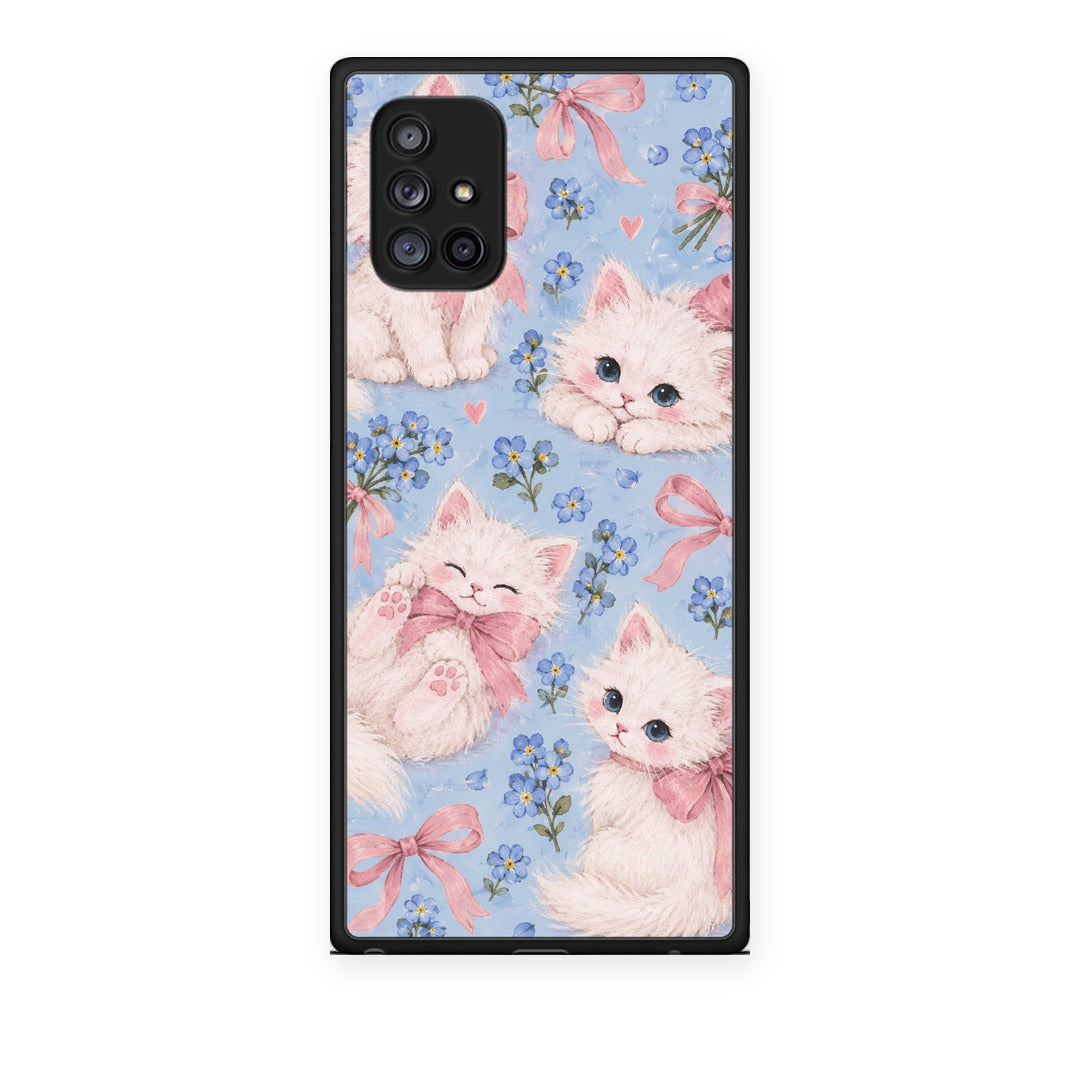 Θήκη Samsung Galaxy A71 5G White Kittens and Blue Flowers Large από τη Smartfits με σχέδιο στο πίσω μέρος και μαύρο περίβλημα | Samsung Galaxy A71 5G White Kittens and Blue Flowers Large case with colorful back and black bezels