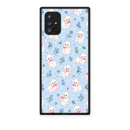 Θήκη Samsung Galaxy A71 5G White Kittens and Blue Flowers Small από τη Smartfits με σχέδιο στο πίσω μέρος και μαύρο περίβλημα | Samsung Galaxy A71 5G White Kittens and Blue Flowers Small case with colorful back and black bezels