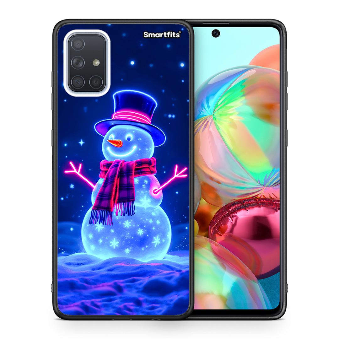 Θήκη Samsung A71 Christmas Neon Snowman από τη Smartfits με σχέδιο στο πίσω μέρος και μαύρο περίβλημα | Samsung A71 Christmas Neon Snowman case with colorful back and black bezels