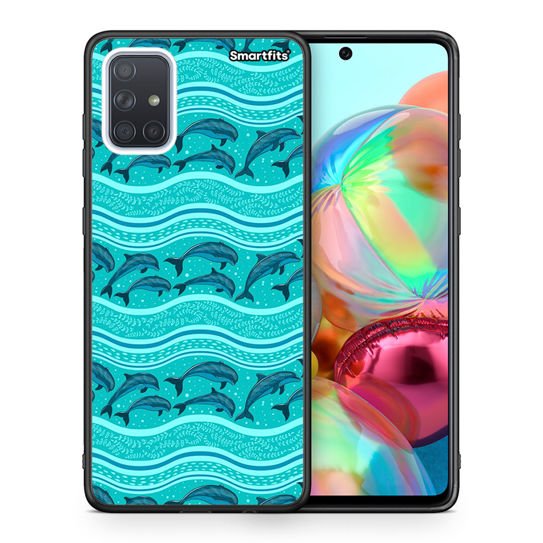 Θήκη Samsung A71 Swimming Dolphins από τη Smartfits με σχέδιο στο πίσω μέρος και μαύρο περίβλημα | Samsung A71 Swimming Dolphins case with colorful back and black bezels