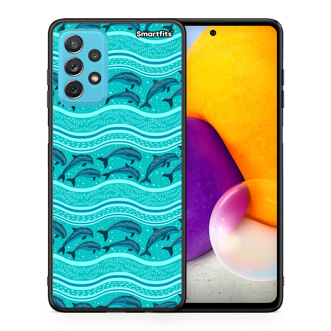 Θήκη Samsung A72 Swimming Dolphins από τη Smartfits με σχέδιο στο πίσω μέρος και μαύρο περίβλημα | Samsung A72 Swimming Dolphins case with colorful back and black bezels