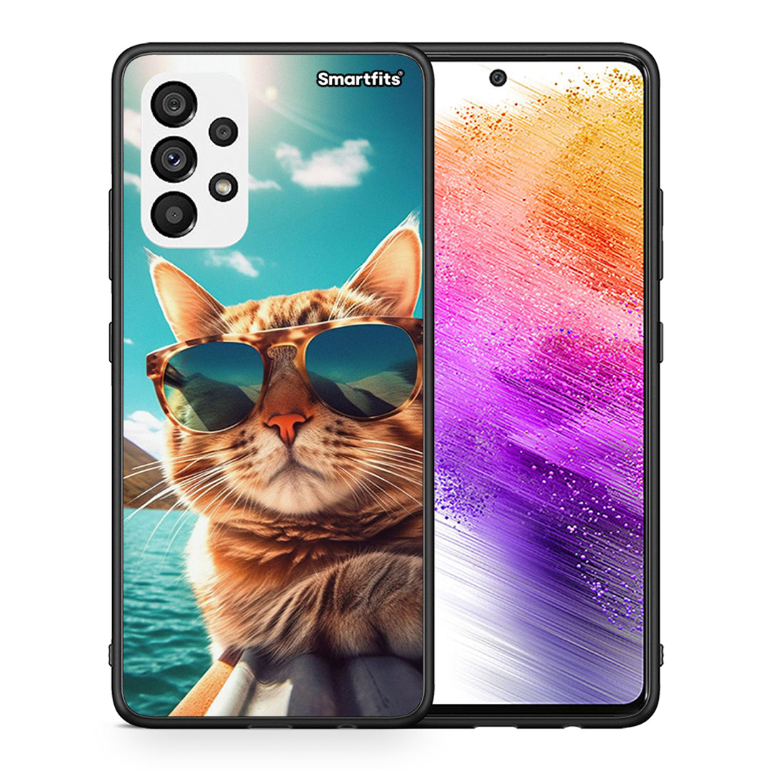 Θήκη Samsung A73 5G Summer Cat από τη Smartfits με σχέδιο στο πίσω μέρος και μαύρο περίβλημα | Samsung A73 5G Summer Cat case with colorful back and black bezels