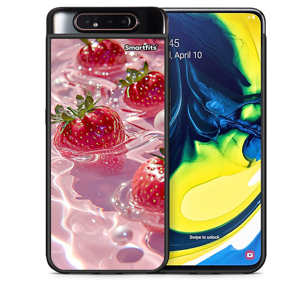 Θήκη Samsung A80 Juicy Strawberries από τη Smartfits με σχέδιο στο πίσω μέρος και μαύρο περίβλημα | Samsung A80 Juicy Strawberries case with colorful back and black bezels