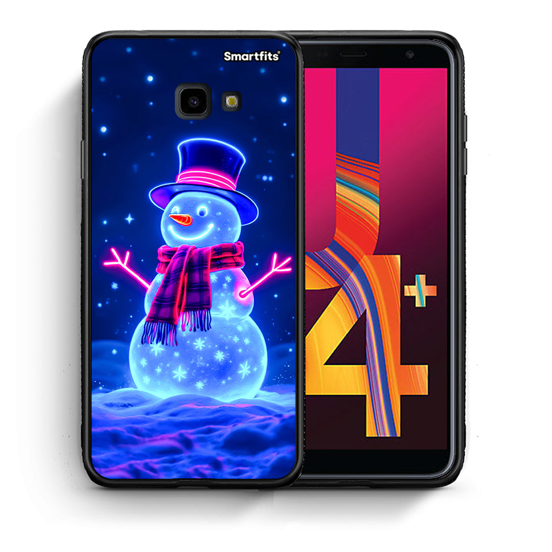 Θήκη Samsung J4 Plus Christmas Neon Snowman από τη Smartfits με σχέδιο στο πίσω μέρος και μαύρο περίβλημα | Samsung J4 Plus Christmas Neon Snowman case with colorful back and black bezels