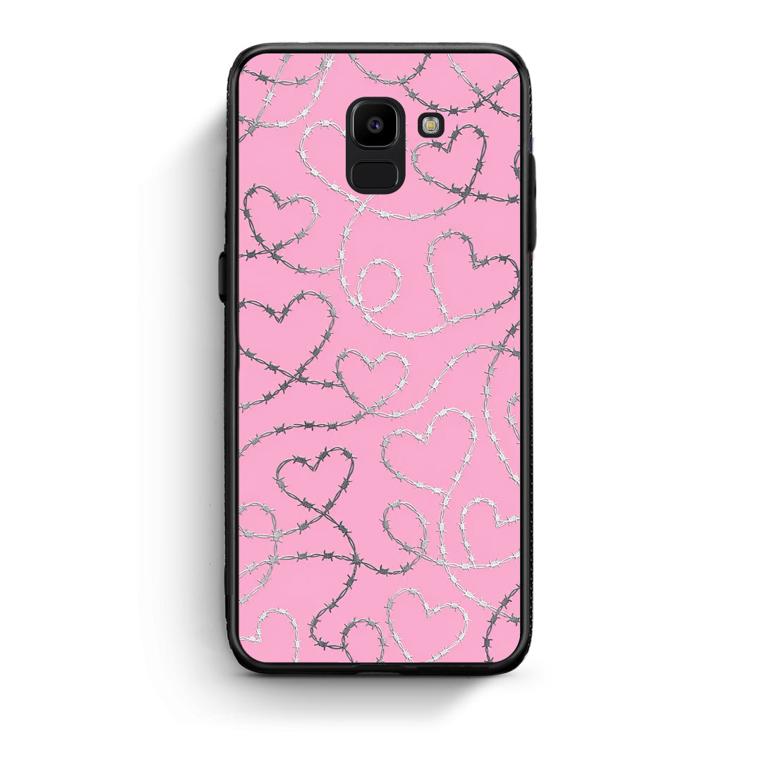 Θήκη Samsung Galaxy J6 Barbed Wire Hearts on Pink από τη Smartfits με σχέδιο στο πίσω μέρος και μαύρο περίβλημα | Samsung Galaxy J6 Barbed Wire Hearts on Pink case with colorful back and black bezels