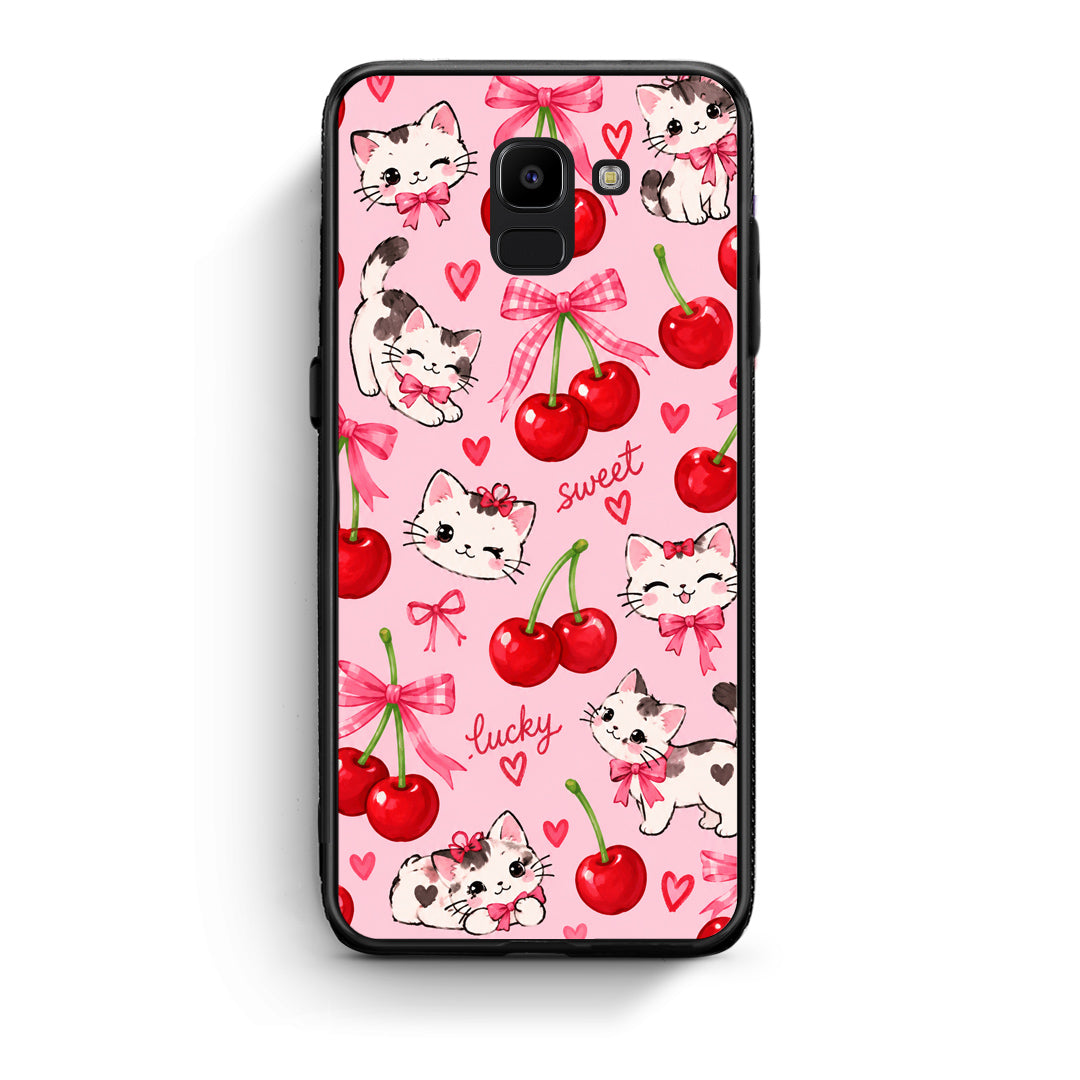Θήκη Samsung Galaxy J6 Cherries Bows and Kittens on Pink από τη Smartfits με σχέδιο στο πίσω μέρος και μαύρο περίβλημα | Samsung Galaxy J6 Cherries Bows and Kittens on Pink case with colorful back and black bezels