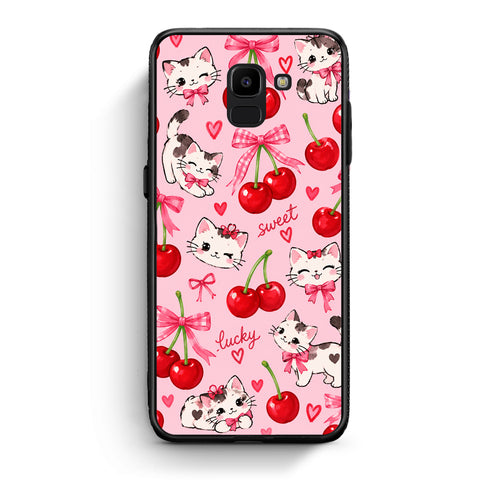 Θήκη Samsung Galaxy J6 Cherries Bows and Kittens on Pink από τη Smartfits με σχέδιο στο πίσω μέρος και μαύρο περίβλημα | Samsung Galaxy J6 Cherries Bows and Kittens on Pink case with colorful back and black bezels