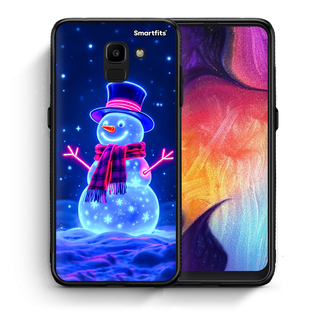 Θήκη Samsung J6 Christmas Neon Snowman από τη Smartfits με σχέδιο στο πίσω μέρος και μαύρο περίβλημα | Samsung J6 Christmas Neon Snowman case with colorful back and black bezels