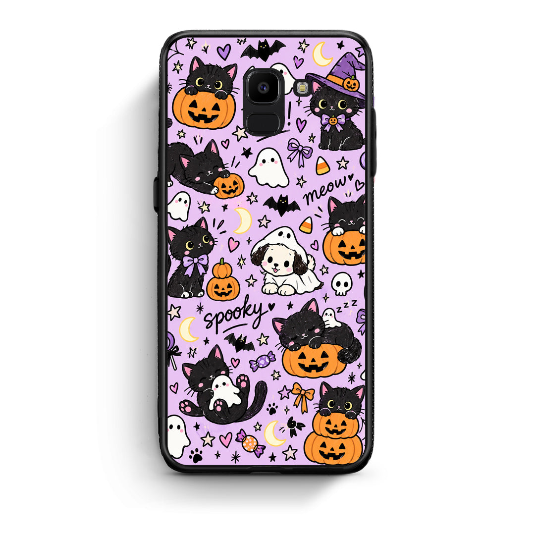 Θήκη Samsung Galaxy J6 Halloween Black Cats on Lilac από τη Smartfits με σχέδιο στο πίσω μέρος και μαύρο περίβλημα | Samsung Galaxy J6 Halloween Black Cats on Lilac case with colorful back and black bezels