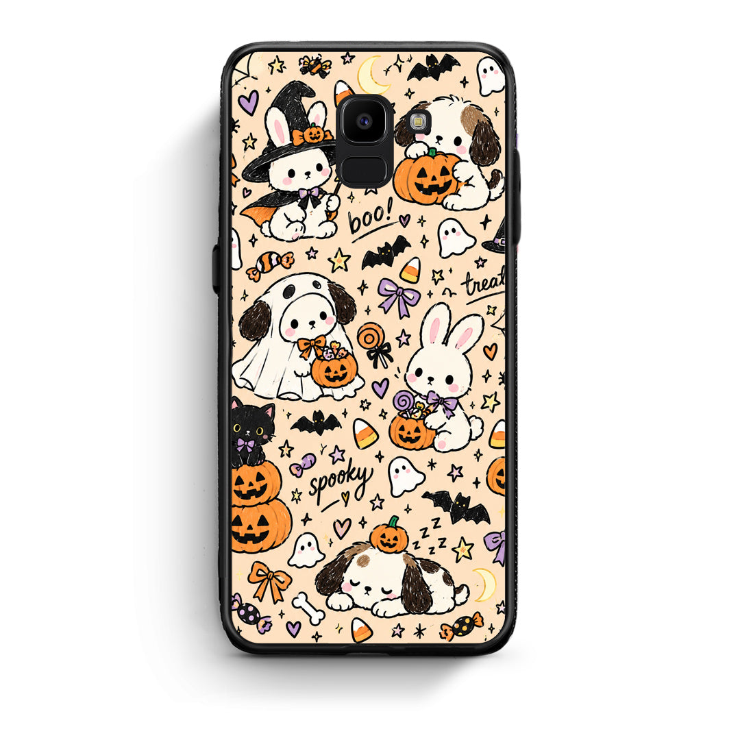 Θήκη Samsung Galaxy J6 Halloween Puppies and Friends on Cream από τη Smartfits με σχέδιο στο πίσω μέρος και μαύρο περίβλημα | Samsung Galaxy J6 Halloween Puppies and Friends on Cream case with colorful back and black bezels