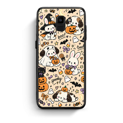 Θήκη Samsung Galaxy J6 Halloween Puppies and Friends on Cream από τη Smartfits με σχέδιο στο πίσω μέρος και μαύρο περίβλημα | Samsung Galaxy J6 Halloween Puppies and Friends on Cream case with colorful back and black bezels