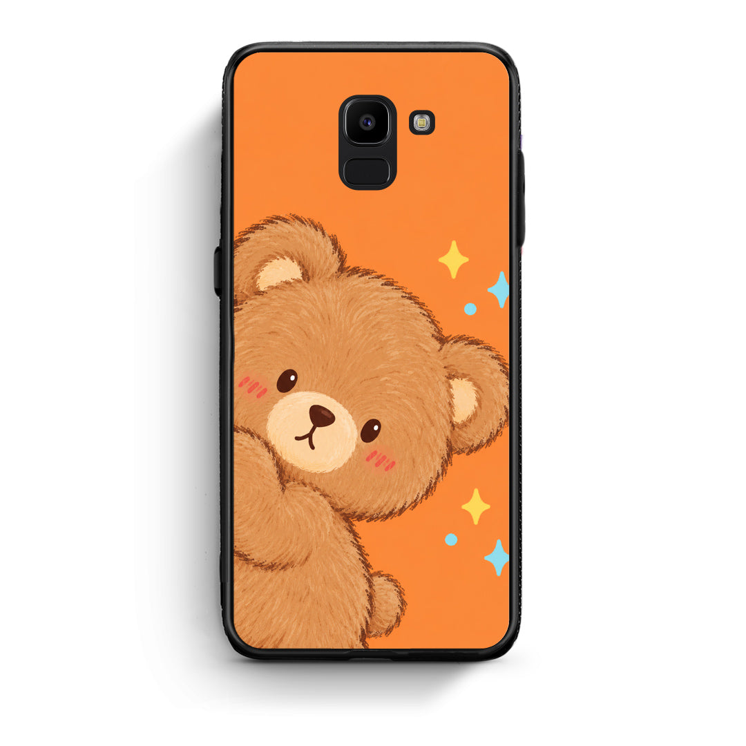 Θήκη Samsung Galaxy J6 Peekaboo Teddy on Orange από τη Smartfits με σχέδιο στο πίσω μέρος και μαύρο περίβλημα | Samsung Galaxy J6 Peekaboo Teddy on Orange case with colorful back and black bezels
