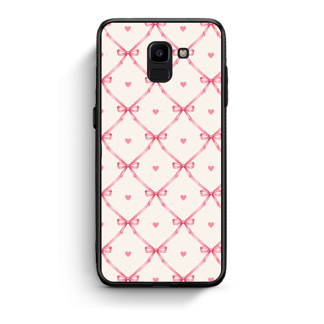 Θήκη Samsung Galaxy J6 Pink Bow Lattice and Hearts on Cream από τη Smartfits με σχέδιο στο πίσω μέρος και μαύρο περίβλημα | Samsung Galaxy J6 Pink Bow Lattice and Hearts on Cream case with colorful back and black bezels