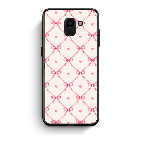 Θήκη Samsung Galaxy J6 Pink Bow Lattice and Hearts on Cream από τη Smartfits με σχέδιο στο πίσω μέρος και μαύρο περίβλημα | Samsung Galaxy J6 Pink Bow Lattice and Hearts on Cream case with colorful back and black bezels