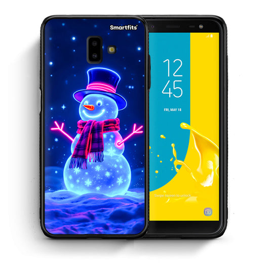 Θήκη Samsung J6+ Christmas Neon Snowman από τη Smartfits με σχέδιο στο πίσω μέρος και μαύρο περίβλημα | Samsung J6+ Christmas Neon Snowman case with colorful back and black bezels