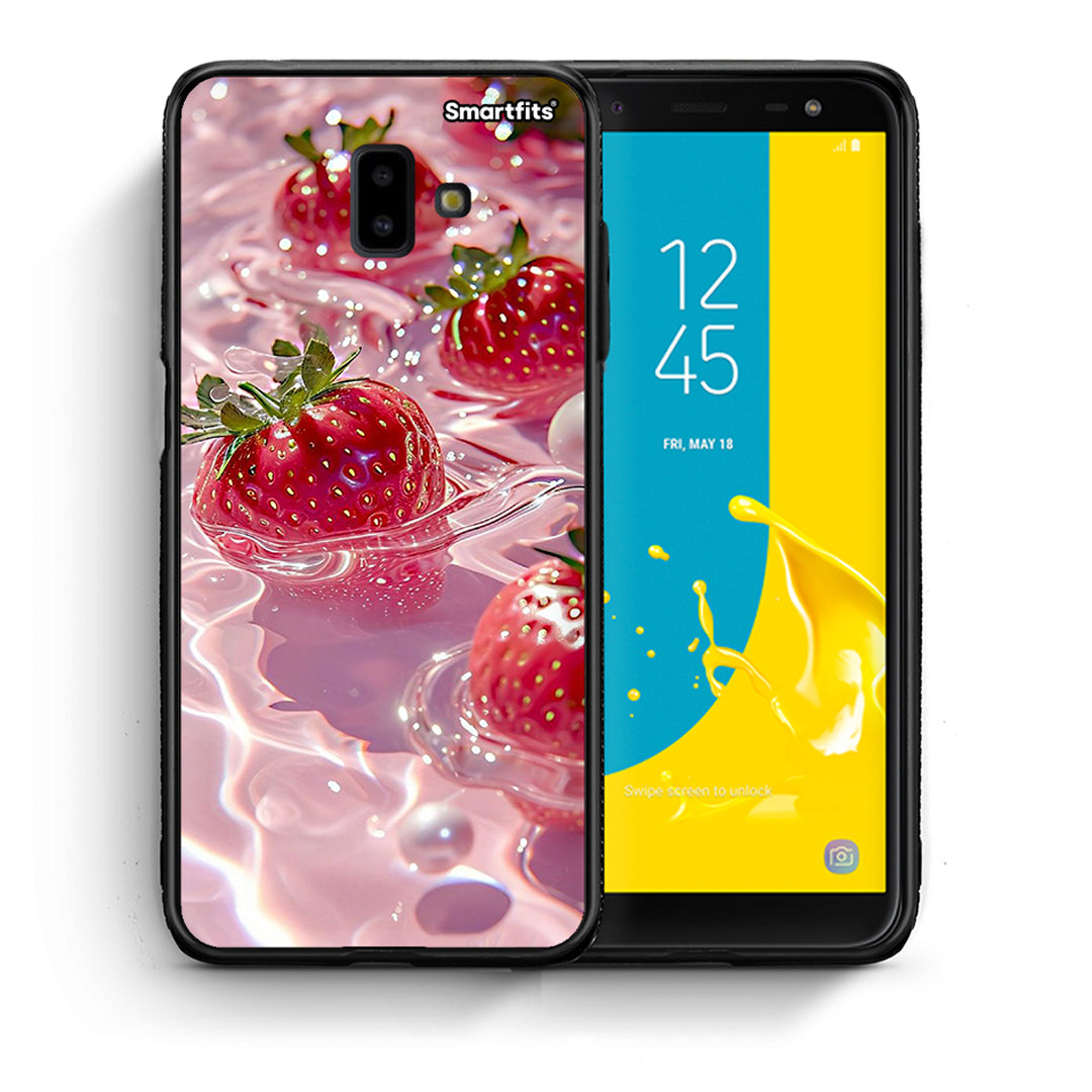 Θήκη Samsung J6+ Juicy Strawberries από τη Smartfits με σχέδιο στο πίσω μέρος και μαύρο περίβλημα | Samsung J6+ Juicy Strawberries case with colorful back and black bezels