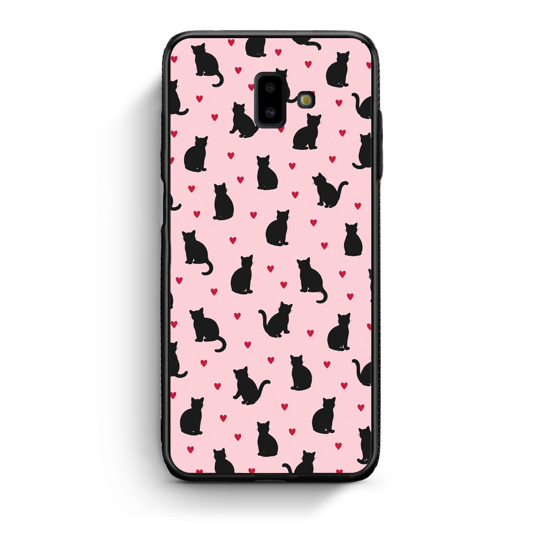 Θήκη Samsung Galaxy J6+ Black Cat Silhouettes and Hearts on Pink από τη Smartfits με σχέδιο στο πίσω μέρος και μαύρο περίβλημα | Samsung Galaxy J6+ Black Cat Silhouettes and Hearts on Pink case with colorful back and black bezels